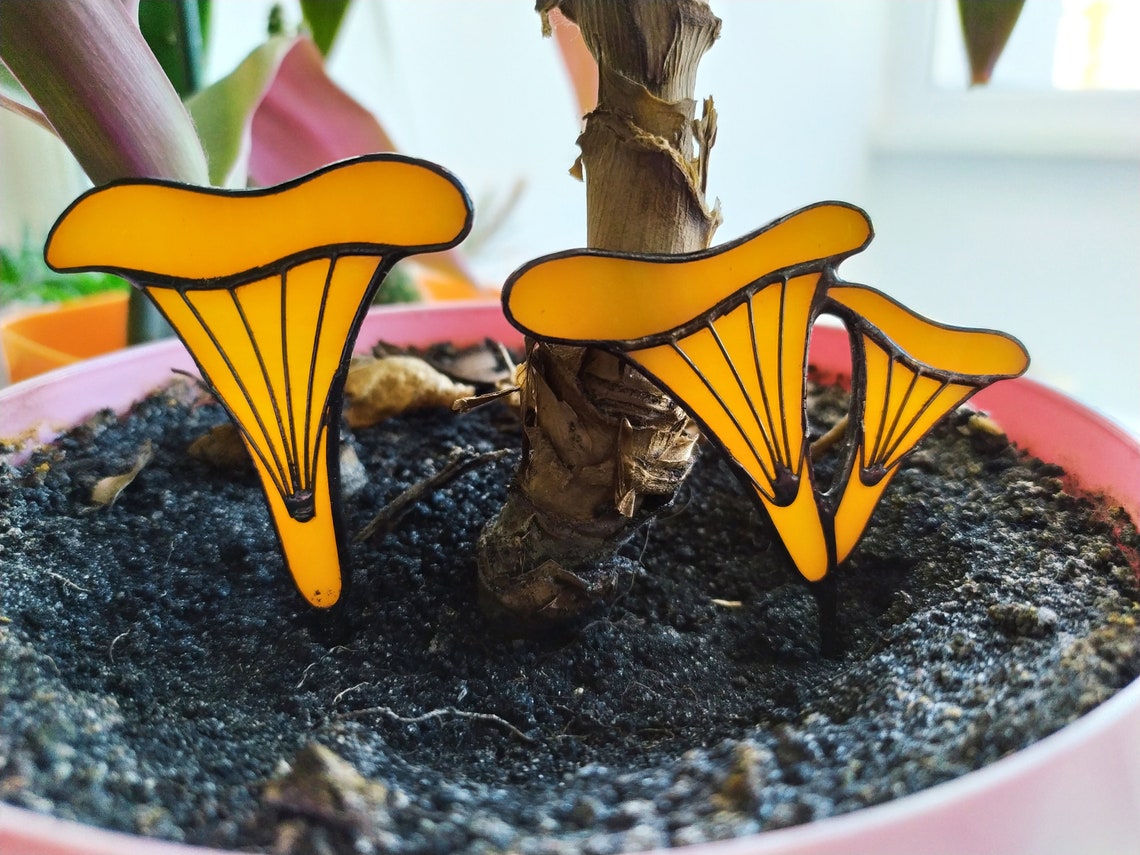 Stained glass plant stake Chanterelle mushrooms Garden Etsy