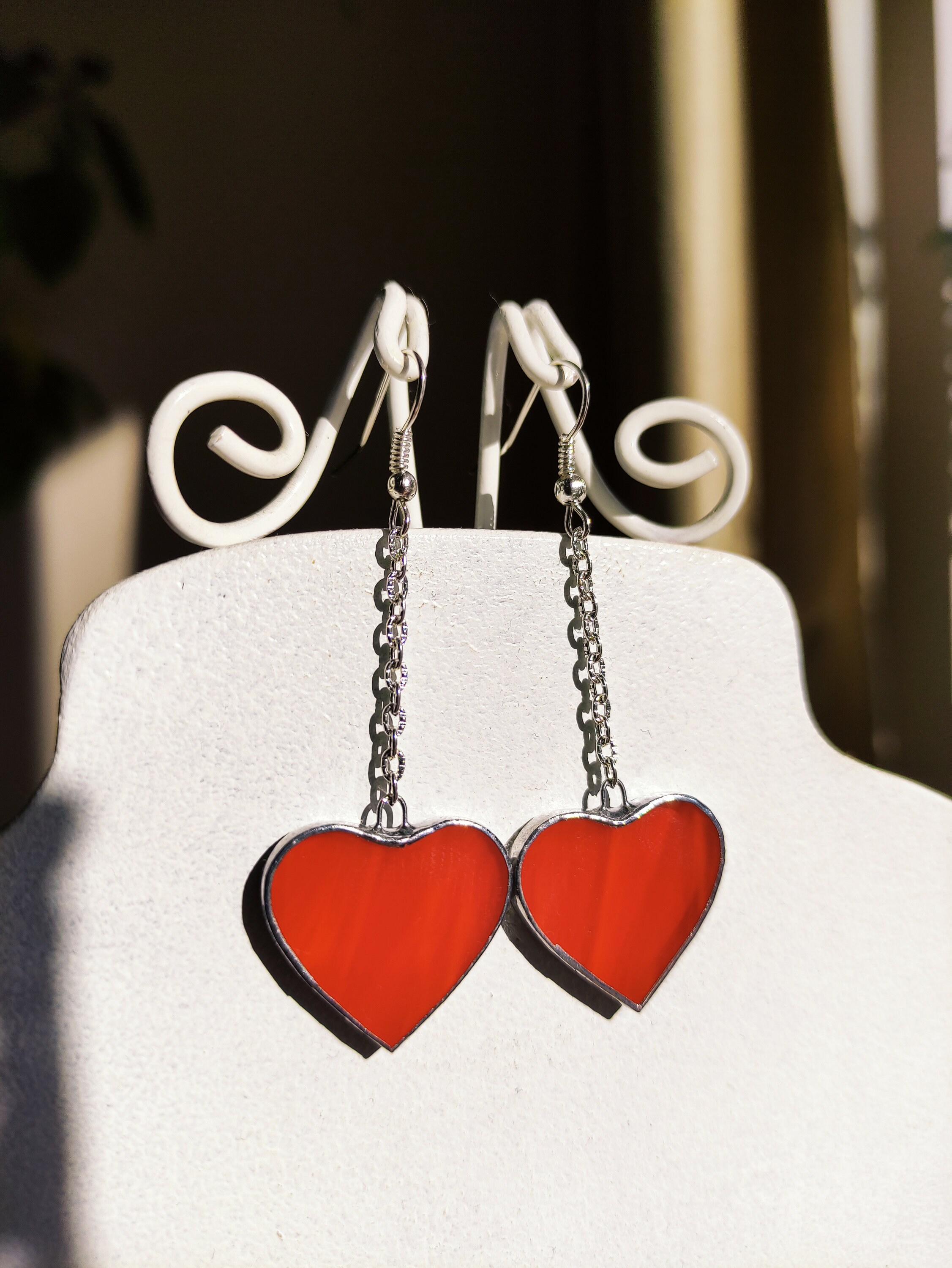 Red stained glass Heart earrings, Long earrings Soldered jewelry, Hanging earrings Chain earrings, Gift myself Love earrings, Valentines day