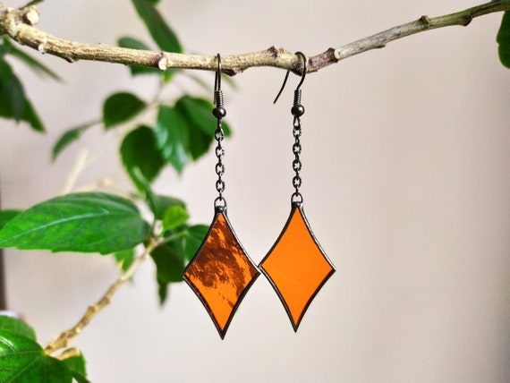 Orange stained glass earrings Sun catcher earrings, Earrings on chain Blazing earrings, Soldered jewelry Gift myself, Shape elegant earrings