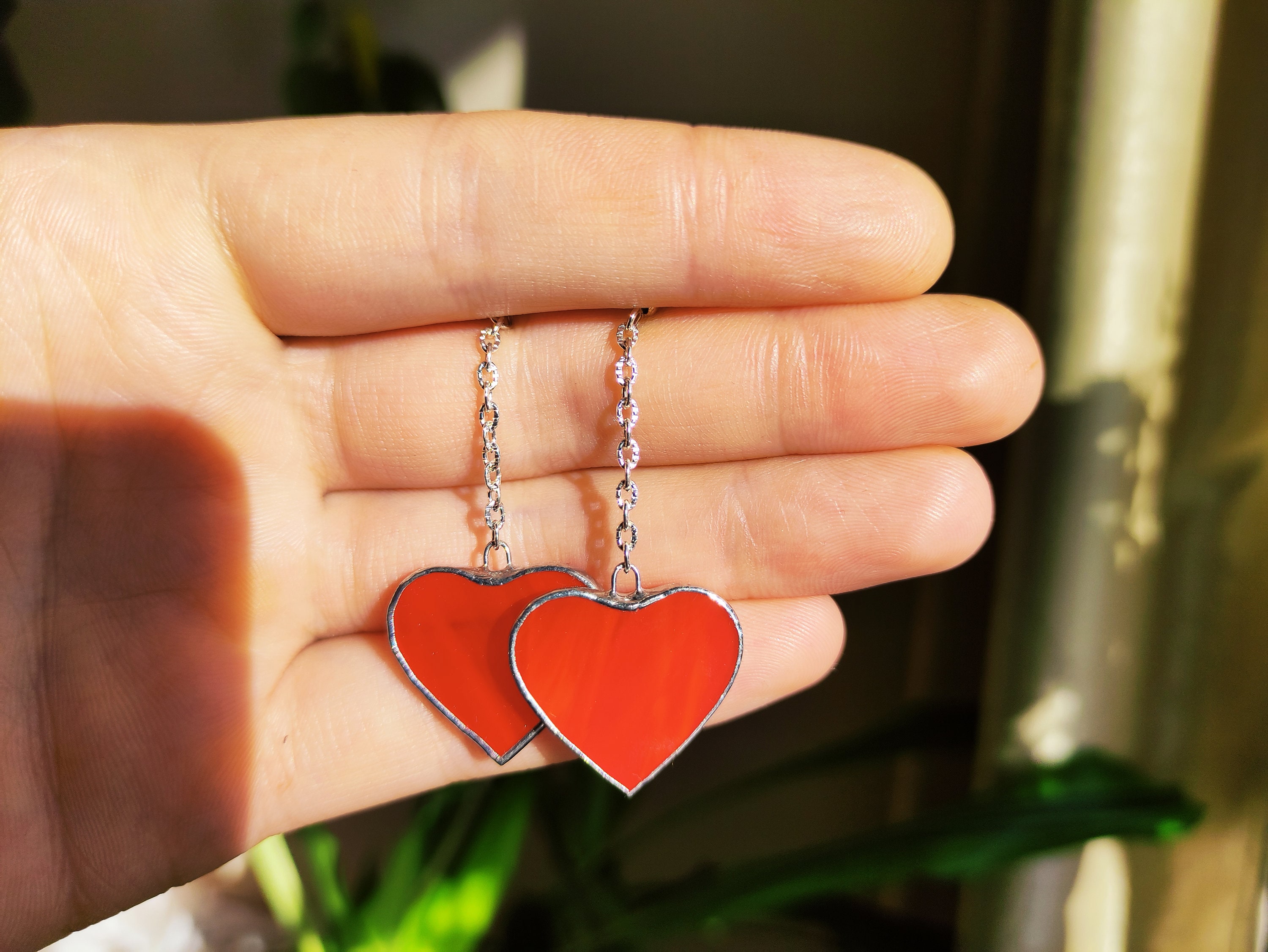 Red stained glass Heart earrings, Long earrings Soldered jewelry, Hanging earrings Chain earrings, Gift myself Love earrings, Valentines day