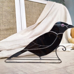 Stained Glass Dark Raven Figurine, Crow Home Decor Suncatcher Black Bird, Gothic Halloween Ornament, Art Glass