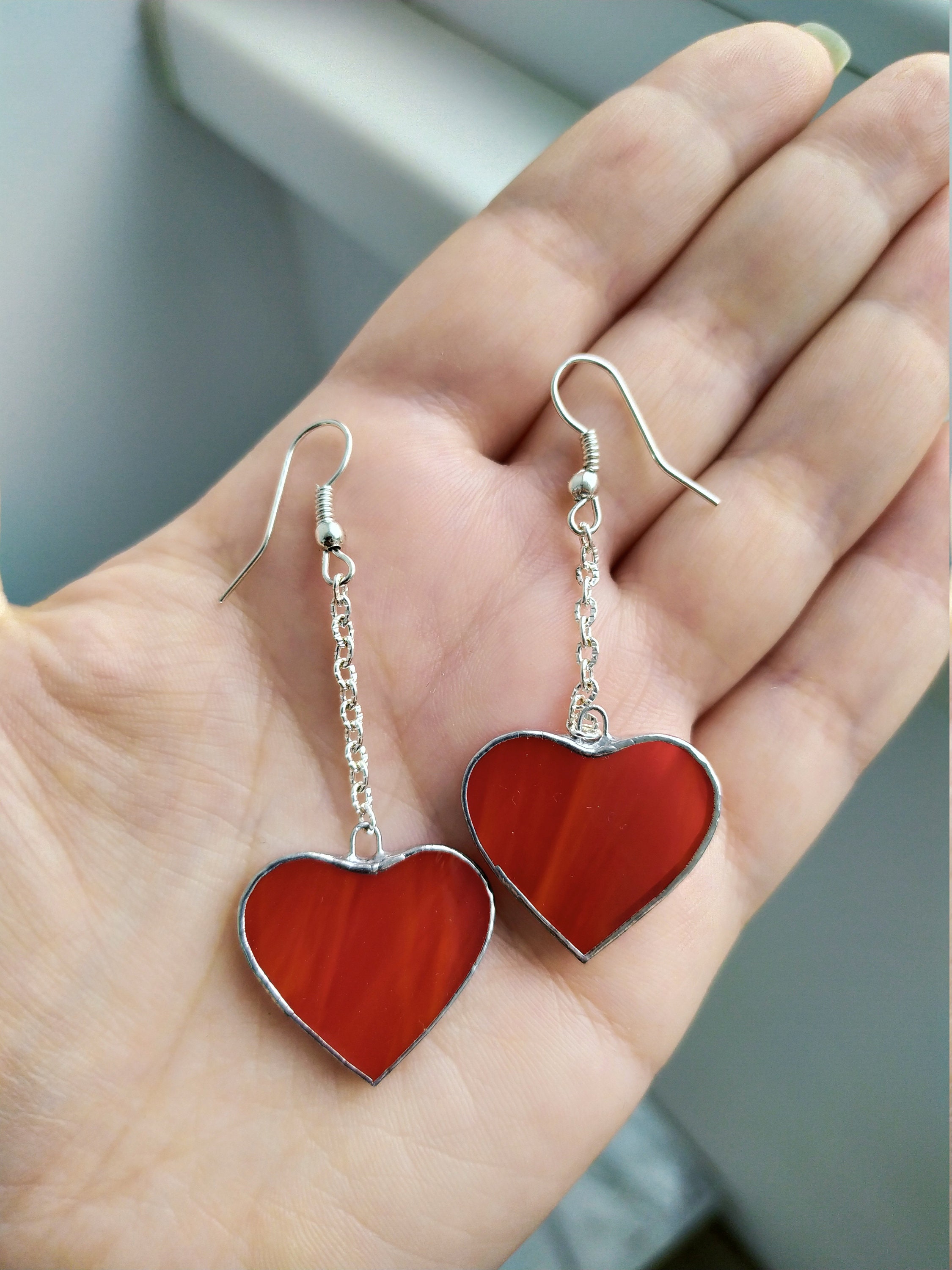 Red stained glass Heart earrings, Long earrings Soldered jewelry, Hanging earrings Chain earrings, Gift myself Love earrings, Valentines day