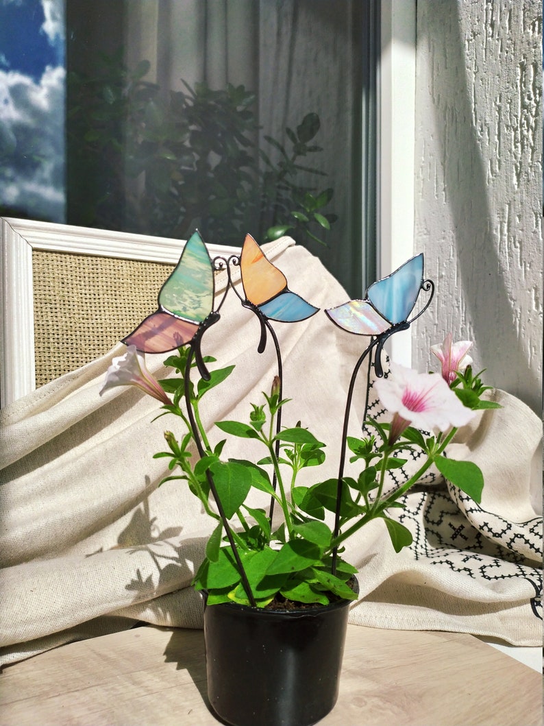 Stained Glass Plant Stake Home Decorbutterfly Suncatcher Etsy UK