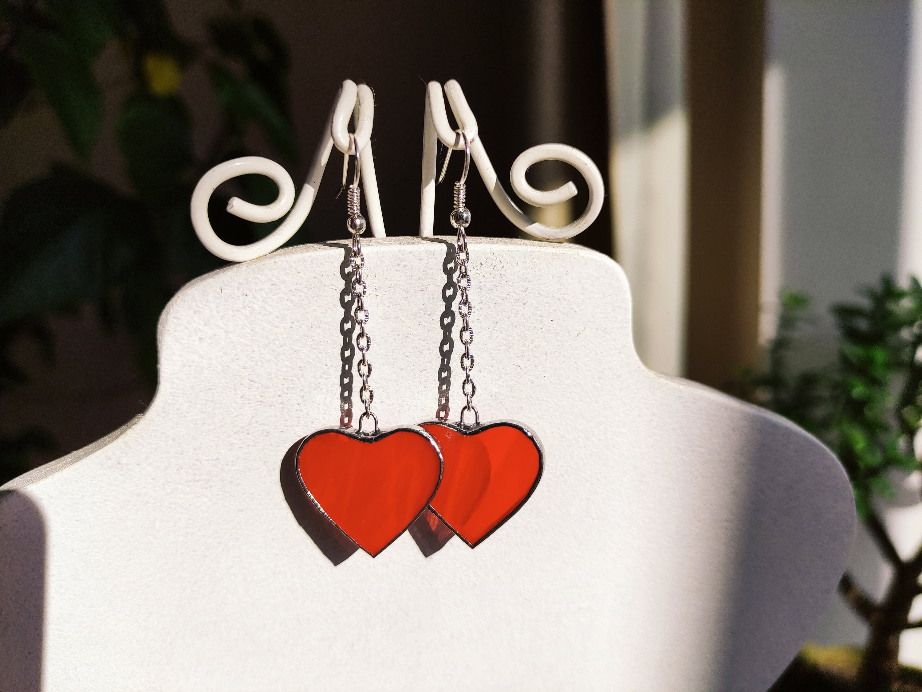 Red stained glass Heart earrings, Long earrings Soldered jewelry, Hanging earrings Chain earrings, Gift myself Love earrings, Valentines day