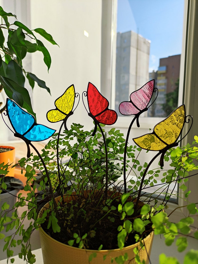 Butterfly Stain Glass Plant Stake Suncatcher Mom Gift Pot Etsy