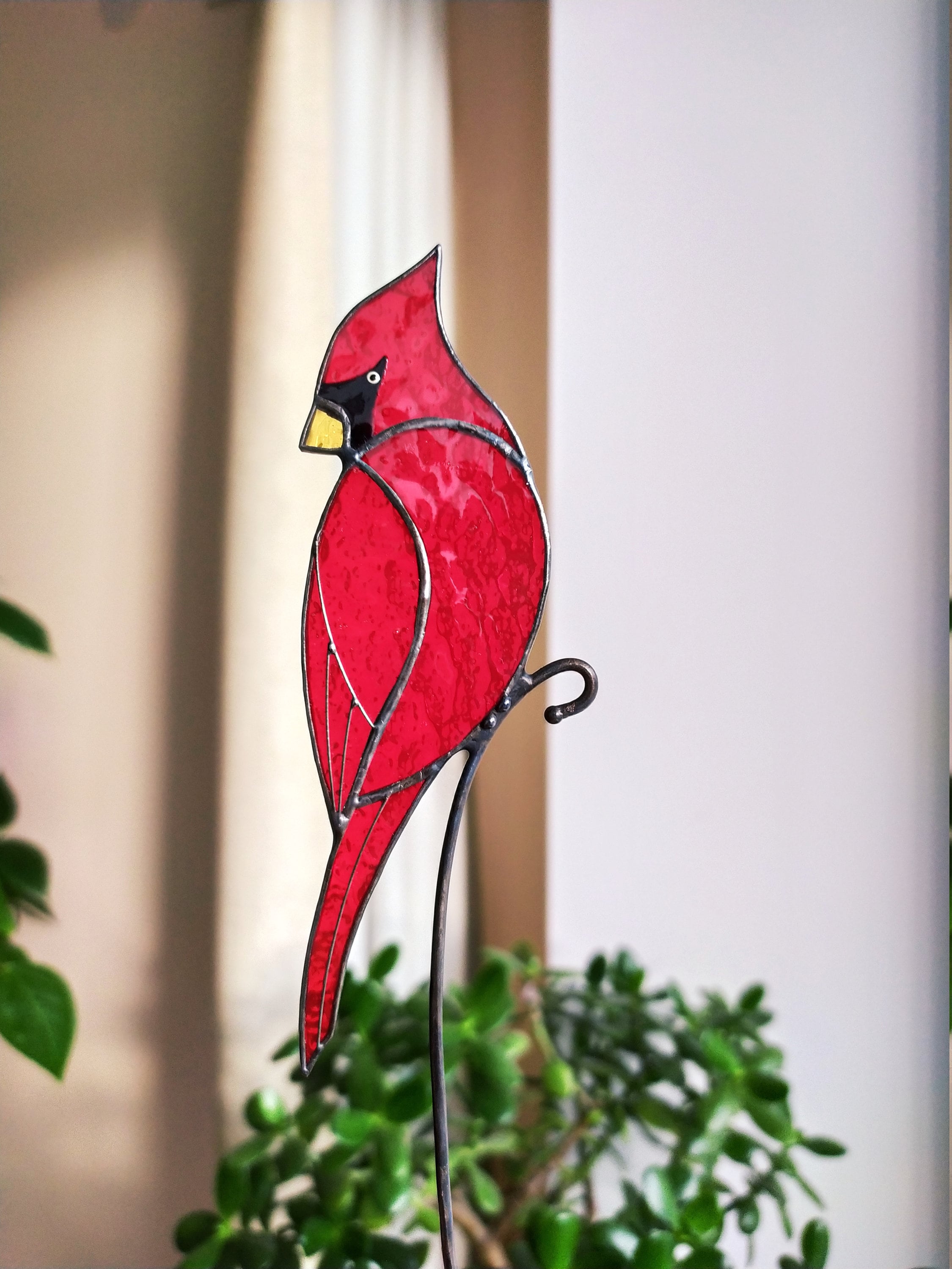 Stained Glass Red Cardinal Plant Stake Flower Pot Decor Etsy Canada