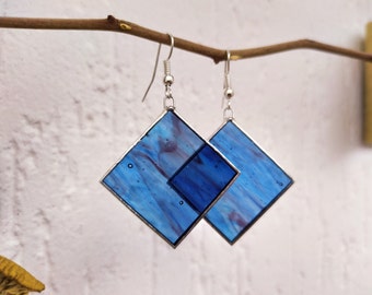 Stained glass diamond earrings Blue glass earrings, Dangle earrings Statement earrings, Soldered square jewelry, Rhombus earrings gift