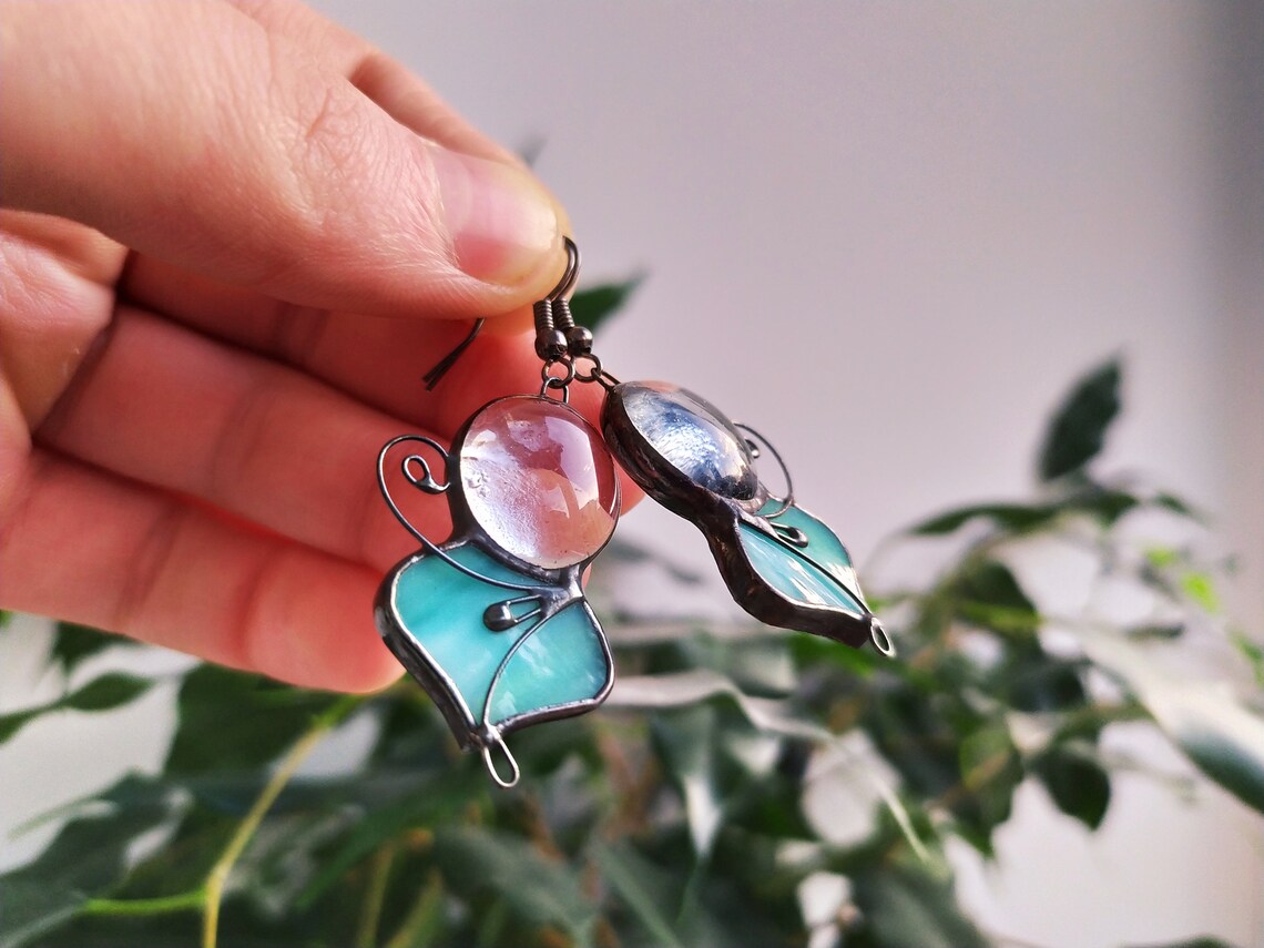 Stained glass mint color earrings Boho earrings Statement Etsy