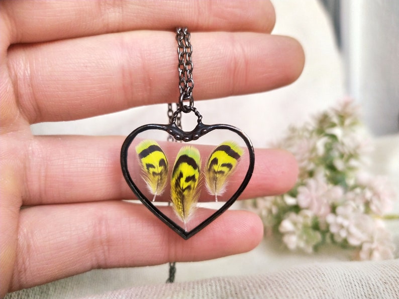 Real feather necklace Stained glass hart pendant Yellow bird feather Terrarium feather necklace Mother/'s day gift,Soldered glass Cute gift