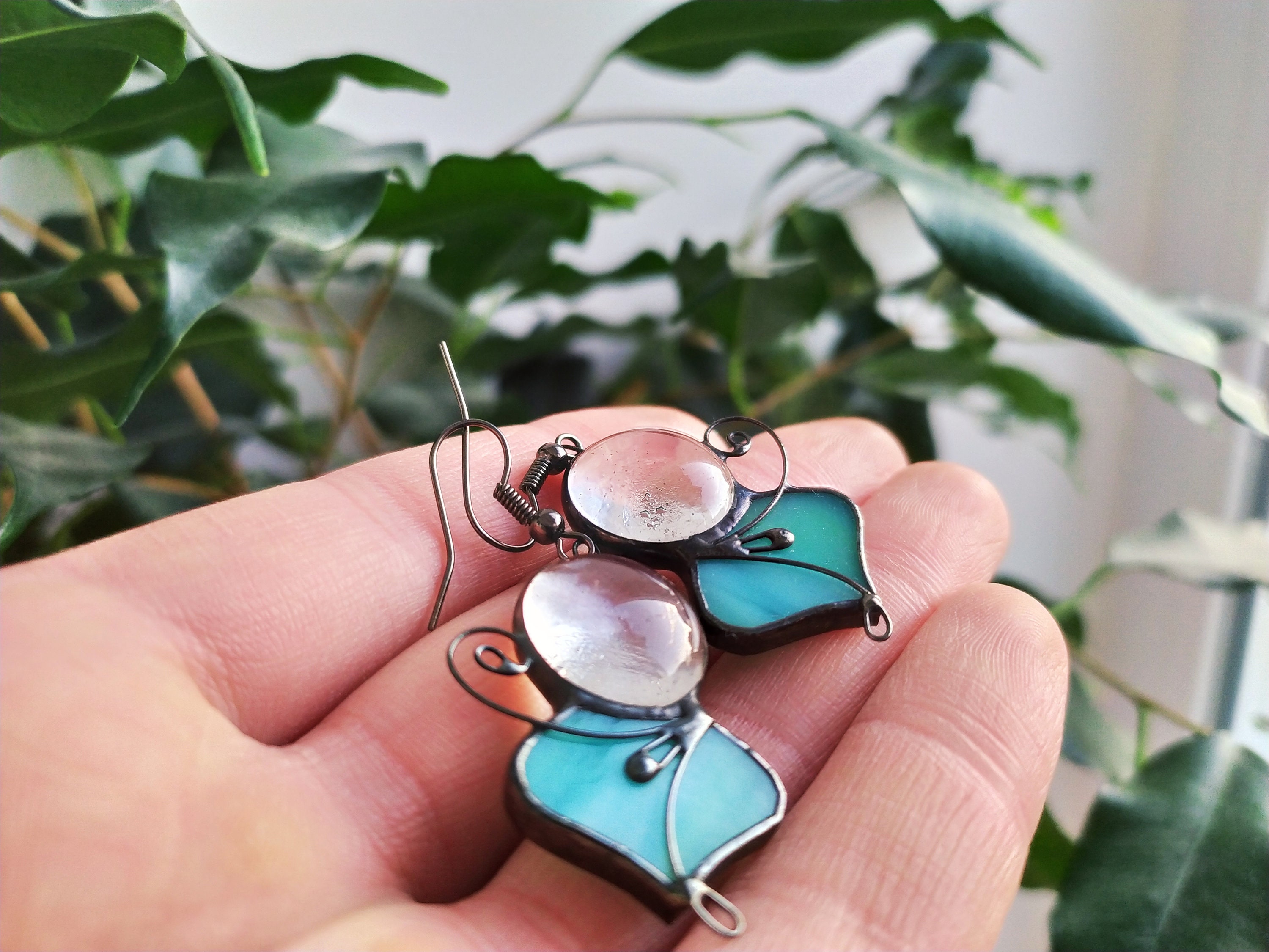 Stained glass mint color earrings Boho earrings Statement Etsy