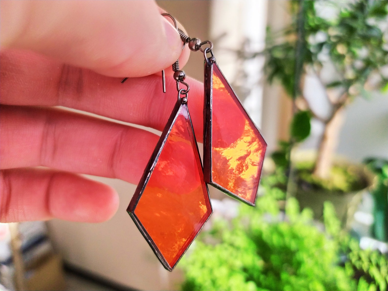 Orange Stained Glass Earrings Dangle Earrings, Festival Earrings Blazing Jewelry, Statement