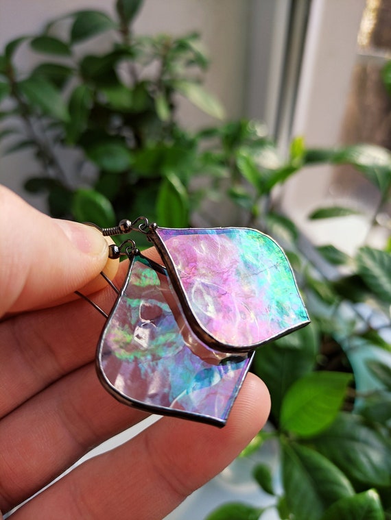 Stained Glass Hanging Iridescent Clear Earrings, Transparent