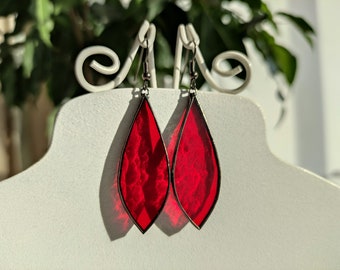 Red stained glass earrings Blazing jewelry, Festival earrings Soldered glass jewelry, Artistic statement earrings, Drop minimalist earrings