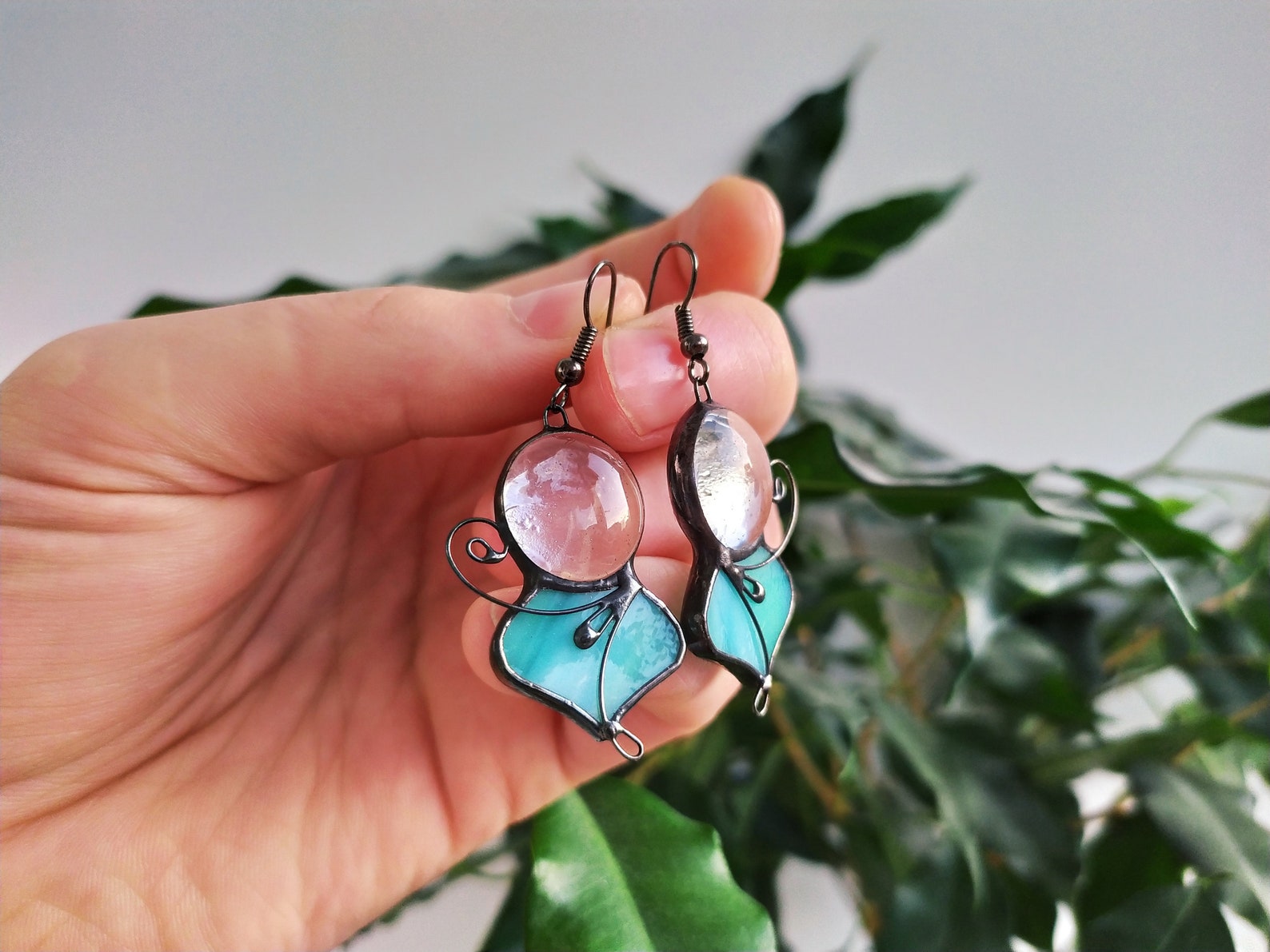 Stained Glass Mint Color Earrings, Boho Earrings Statement Earrings