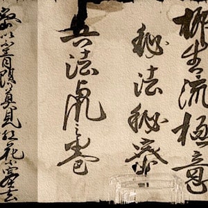 Puede incluir: Un primer plano de un rollo con caligrafía negra en caracteres chinos. El texto dice "妮生流極意", "如法的添", "遠虎客", y "桌高頂真見花家去".