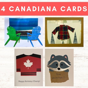 Set von Canadiana Karten - Grußkarten für Kanadier, Muskoka Chairs Karte, Karierte Flanell Karte, Team Canada, Waschbär