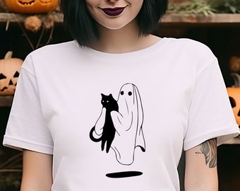 Ghost and Black Cat Shirt, Ghost Cat T-Shirt, Halloween Cat Shirt, Funny Ghost Shirt, Black Cat Shirt, Funny Halloween Tee, Cute Ghost Shirt