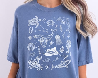 Vintage Sea Animals Shirt, Comfort Colors Ocean Life Tee, Nature Lover Gift, Whale, Orca, Turtle, Dolphin T-shirt, 90s Retro Sea Life Shirts