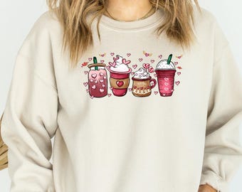 Valentine Coffee Sweatshirt, Valentines Day Coffee Shirt, Coffee Lover Gift, Pink Heart Crewneck, Latte Lover Gift for Her