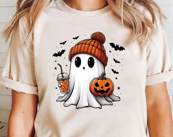 Cute Beanie Ghost Shirt, Funny Halloween Sweatshirt for Women, Ghost with Coffee Tee, Spooky Pumpkin Crewneck, Boo Top