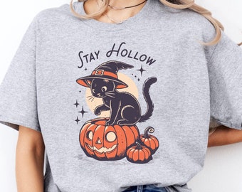 Stay Hollow Shirt, Funny Halloween Black Cat Sweatshirt, Witchy Spooky Tee, Pumpkin Witch Crewneck, Vintage Fall Top