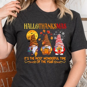 Camiseta de gnomo HalloThanksMas, camiseta de gnomo de Halloween, Acción de Gracias, Navidad, camiseta de feliz Hallothanksmas, camiseta de Halloween, Acción de Gracias, Navidad