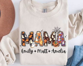 Personalized Mama Halloween Sweatshirt, Custom Kids Names Shirt for Women, Spooky Mom Crewneck, Halloween Mama Gift, Customized Mom Tee