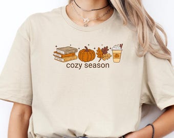 Cozy Season Shirt, Fall Icons Tee for Women, Book Pumpkin Latte Sweatshirt, Autumn Vibes Crewneck, Cute Harvest Gift