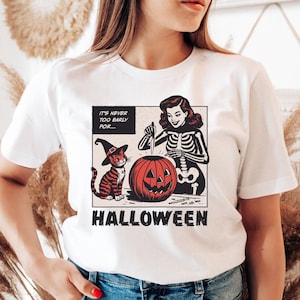 Retro Halloween Shirt, It&#39;s Never Too Early For Halloween T-Shirt, Vintage Cat and Witch Shirt, Spooky Season Tee, Cute Halloween Sweatshirt