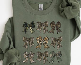 Camo Bow Sweatshirt, Camo Coquette Bow Shirt, Vintage Hunting Sweatshirt, Womens Camouflage Bow Shirt, Western Camo Tee, Hunting Wife Gift