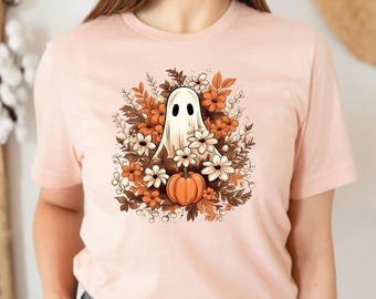 Fall Floral Ghost Shirt, Boho Halloween Sweatshirt for Women, Cute Botanical Tee, Spooky Pumpkin Crewneck, Autumn Ghost Top