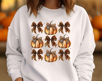 Retro Fall Pumpkin Coquette Bow Sweatshirt, Leopard Pumpkin Bow Shirt, Cute Halloween Shirt, Fall Sweater, Pumpkin Shirt, Thanksgiving Gift