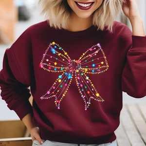 Christmas Light Bow Sweatshirt, Coquette Bow Christmas Shirt, Retro Christmas Sweatshirt, Christmas Lights Shirt, Girly New Year Shirt Gifts