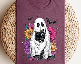 Ghost and Black Cat Shirt, Spooky Floral Halloween Sweatshirt, Boho Witchy Tee for Women, Cute Boo Top
