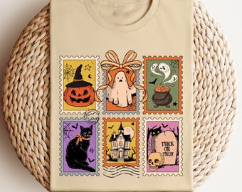 Halloween Stamp Shirt, Retro Spooky Collage Sweatshirt for Women, Cute Witchy Tee, Vintage Trick or Treat Crewneck, Ghost Pumpkin Top