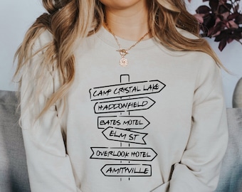 Halloween Directional Sign Sweatshirt, Halloween Funny Hoodie, Horror Movie Directional Arrows Sweatshirt, Horror Place Sign Sweatshirt