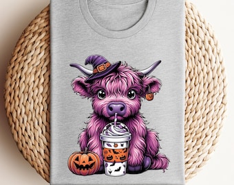 Halloween Highland Cow Shirt, Witch Heifer Tee, Spooky Pumpkin Crewneck, Fall Latte Top, Cute Fluffy Gift for Women, Cozy October Sweatshirt