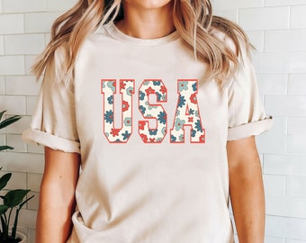 Floral USA Shirt, 4th of July Shirt, Women Independence Day Shirt, Retro USA T-Shirt, Fourth of July Shirt, Patriotic Shirt, USA Flowers Tee