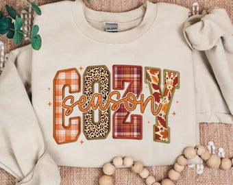 Cozy Season Sweatshirt, Funny Fall Crewneck for Women, Patchwork Letter Tee, Boho Autumn Shirt, Leopard Plaid Gift