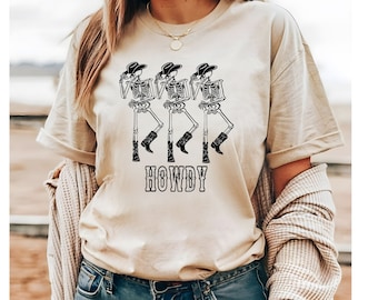 Camicia da cowboy Howdy, maglietta da cowboy scheletro, t-shirt scheletro danzante, camicia da scheletro Howdy, t-shirt da cowboy di Halloween, camicia da scheletro di Halloween