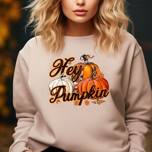 May include: A beige sweatshirt with the text "Hey Pumpkin" in orange script, featuring a graphic of three pumpkins in orange and white. Autumn leaves are scattered around the pumpkins. The sweatshirt is a fall-themed apparel item.