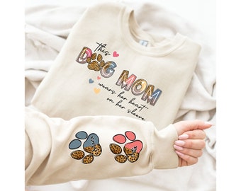 Custom Dog Mom Sweatshirt, This Dog Mom Wears Her Heart On Her Sleeve, Personalized Dog Name Sweatshirt, Dog Mama Sweatshirt, Dog Lover Gift