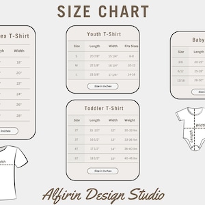 May include: Size chart for adult unisex, youth, toddler, and baby onesie t-shirts. The chart includes measurements for length, width, and weight in inches and pounds.