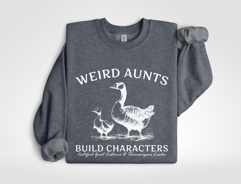 May include: Dark gray sweatshirt with the text "WEIRD AUNTS" above a graphic of a goose and gosling. Below the image, the text reads "BUILD CHARACTERS" and "Certified Great Listener & Shenanigans Leader."