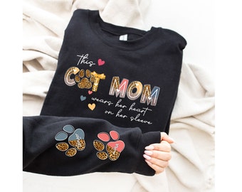 Custom Cat Mom Sweatshirt, This Cat Mom Wears Her Heart On Her Sleeve, Personalized Cat Name Sweatshirt, Cat Mama Sweatshirt, Cat Lover Gift