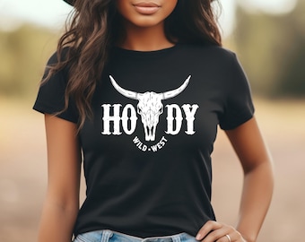 Howdy Wild West Shirt, Bull Skull Cowgirl Sweatshirt, Boho Western Graphic Tee, Country Rodeo Shirt
