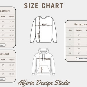 May include: Size chart for unisex and youth sweatshirts and a unisex hoodie. The chart includes measurements for length, width, and sleeve in inches. The text "Alfirin Design Studio" is at the bottom.