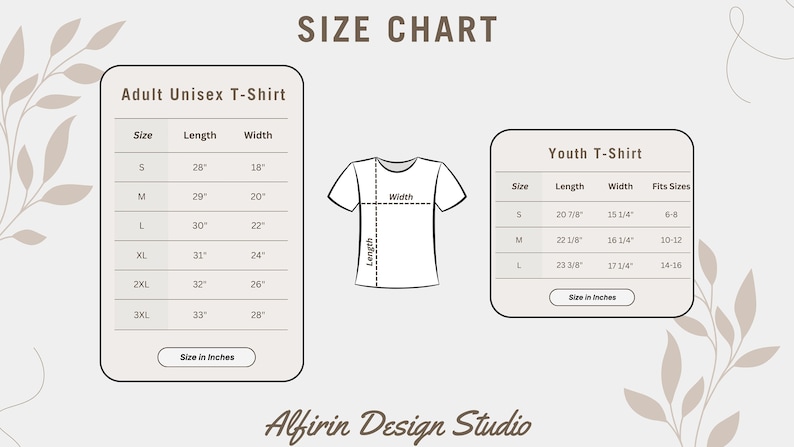 Op de afbeelding: Maattabel voor unisex T-shirts voor volwassenen en kinderen. De tabel toont de maat, lengte en breedte van elk shirt in inches. De tabel bevat ook de bijbehorende leeftijdsgroep voor kindermaten.
