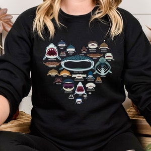May include: Black sweatshirt with a heart-shaped design featuring illustrations of different types of sharks and their names. The names include Great White, Wobbegong, Hammerhead, and more.