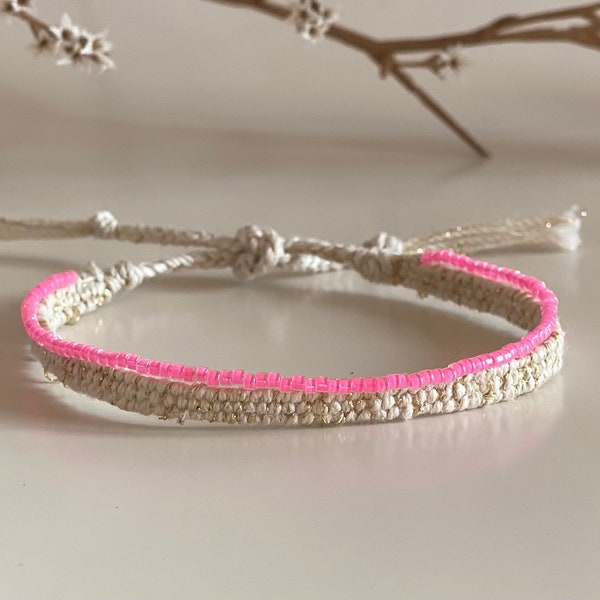 Woven “Two in One” bracelet with linen and Japanese glass beads